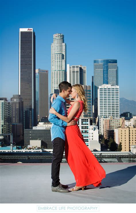 Downtown Los Angeles Engagement Portrait On A Rooftop Los Angeles