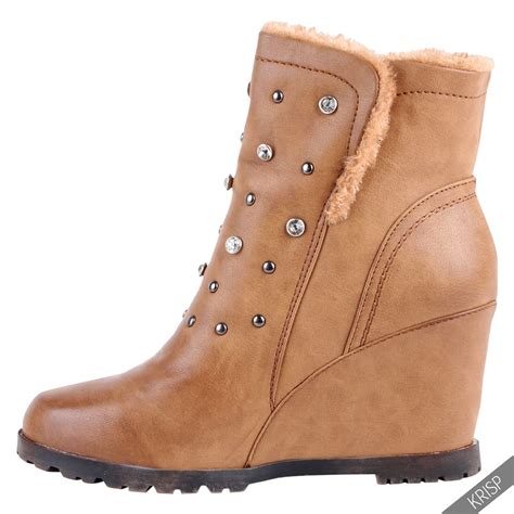 Women Fur Lined Studded Wedge Ankle Boots High Heel Ladies Winter Shoes