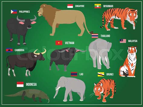 Vector Illustration National Animals Of Asia Countries Stock Vector