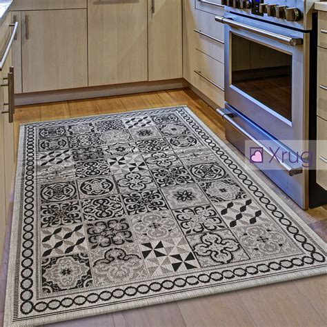Flat Woven Rugs Grey Black Kitchen Carpet Trellis Pattern Hard Wearing