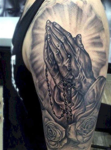 An air of solemnity surrounds the praying hands' chest tattoos. half sleeve tattoos gallery #Halfsleevetattoos (With ...