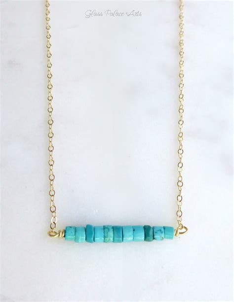 Turquoise Bar Necklace Sterling Silver Dainty Turquoise Bead Etsy
