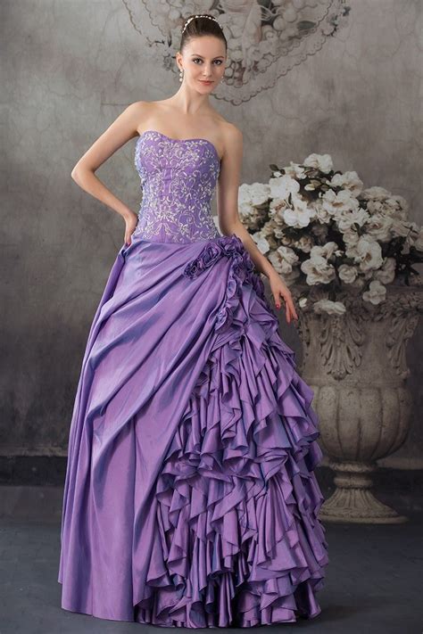 Stunning A Line Sweetheart Beaded Embroidery Ruffled Purple Prom
