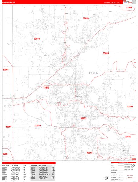 Lakeland Florida Zip Code Wall Map Red Line Style By Marketmaps
