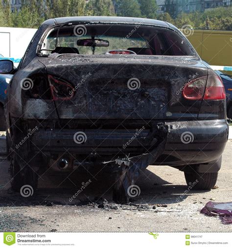 Burned Crash Car On Accident Site Stock Image Image Of Disaster