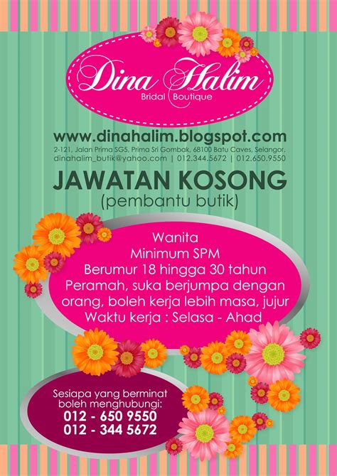 Jun_kazama_80@yahoo.com sila letakkan nombor jawatan dan petronas pengerang johor: Dina Halim Bridal Boutique: Jawatan Kosong di Dina Halim ...