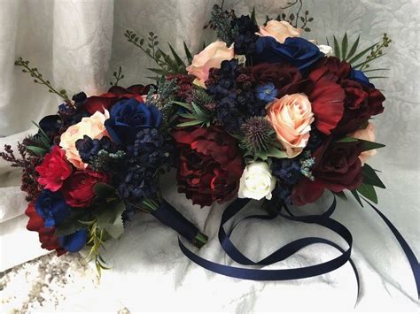 Wedding Bouquet Burgundy Navy Blue Red Peony Eucalyptus Etsy Faux