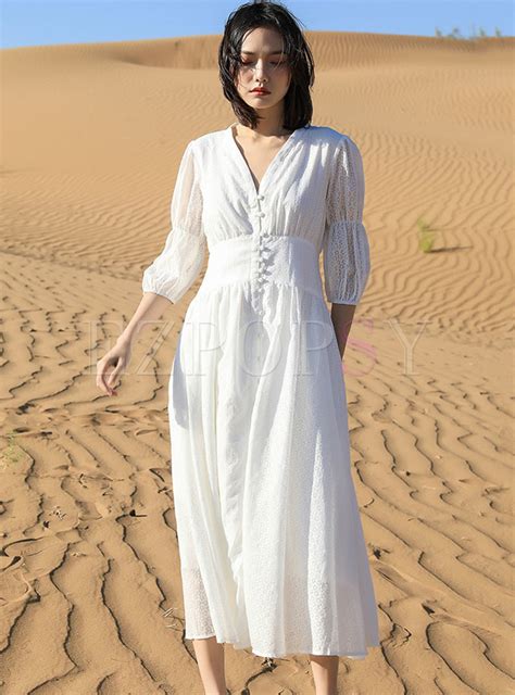 Dresses Maxi Dresses White V Neck Half Sleeve Beach Maxi Dress