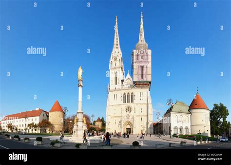Holy Mary Pillar And Zagreb Cathedral In Zagreb Croatia Stock Photo