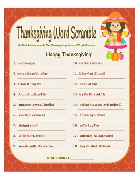 Thanksgiving Word Scramble Printable Thanksgiving Word