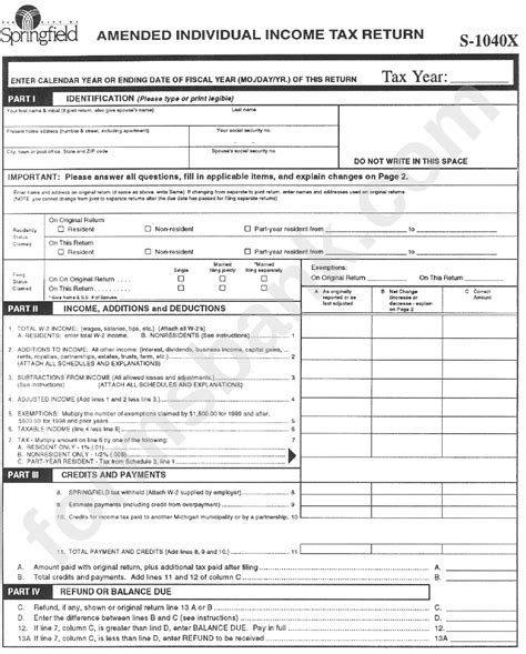 Form S 1040x City Of Springfield Amended Individual Income Tax Return