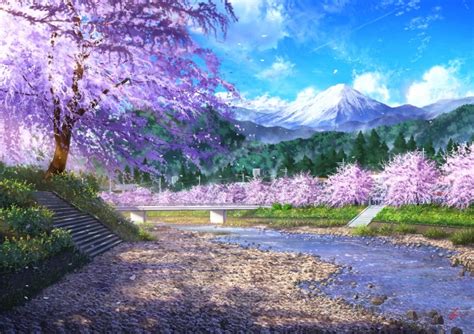 Download 1392x990 Anime Landscape Flowers Scenic Cherry