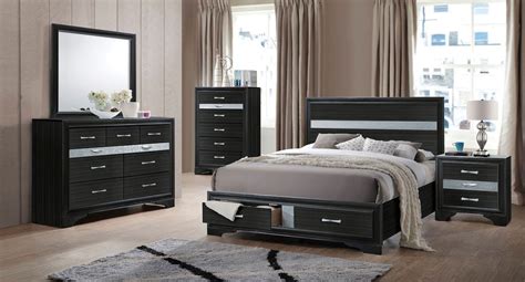 Features panel headboard and low profile footboard in bright white finish with contrasting sparkling acrylic. Naima Storage Bedroom Set (Black) by Acme Furniture ...