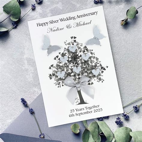 Handmade Silver Wedding Anniversary Card Heart Tree Handmade Cards