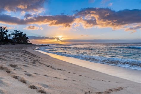 Sunset Over Sunset Beach On The North Shore Of Oahu Hawaii With Palm