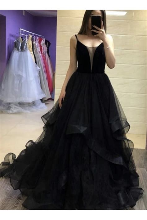 Long Black Tulle Prom Dresses Formal Evening Gowns