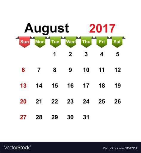 Simple Calendar 2017 Year August Month Royalty Free Vector