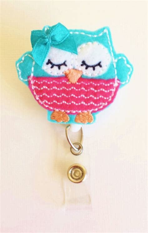 Turquoise And Hot Pink Sleepy Owl Felt Badge Reel Retractable Etsy