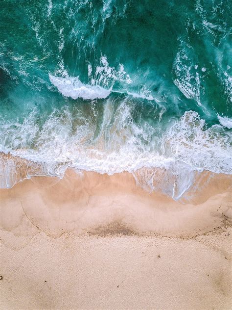 Aerial View Sea Waves Beach Green White Hd Phone Wallpaper Pxfuel