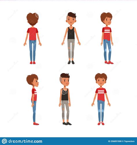 Teenage Boy And Girl Posing Back Front And Side View Set Cartoon