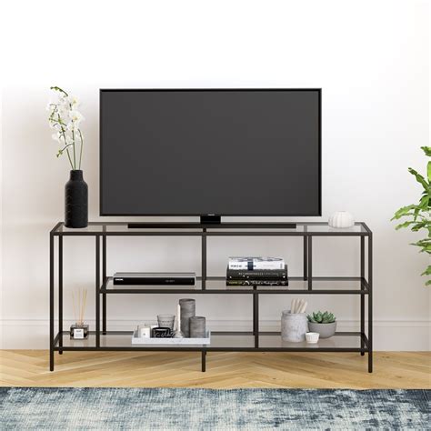 Hennandhart 55 Metal Black Streamlined Tv Stand With Glass Shelves Tv0325