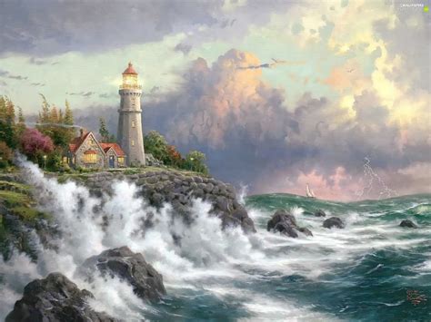 Maritime Sky Waves Lighthouse Sea Coast Thomas Kinkade For