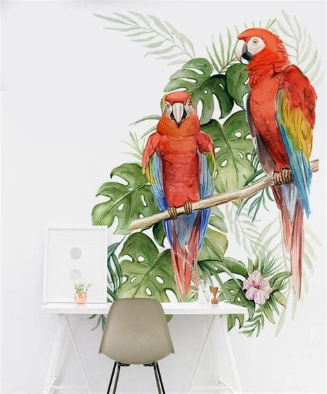 Mural Of Parrots Wallpaper Tropical Flowers Floral Etsy Parrot