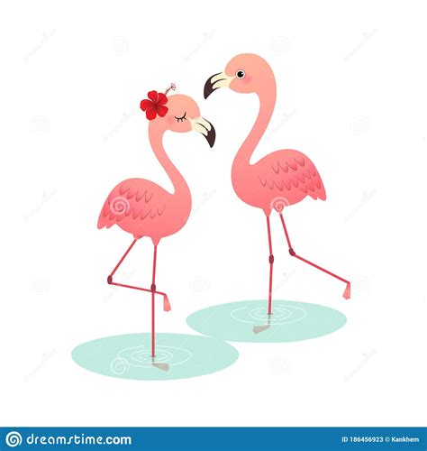 A Cute Cartoon Pink Flamingo Couple Standing On Water Stock Vector