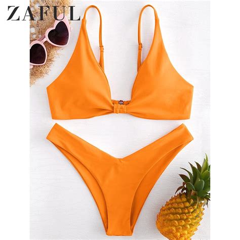 Zaful Knotted Bikini Low Rise Cami Swimwear Women High Cut Swimsuit Sexy Spaghetti Straps Low