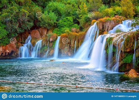 Amazing Nature Landscape Famous Waterfall Skradinski Buk At Sunrise