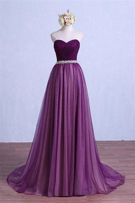 Colorful Purple Purple Tulle Strapless Beaded Long Pageant Prom Dess