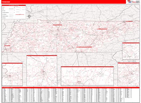 Tennessee Zip Code Wall Map Red Line Style By Marketmaps Mapsales