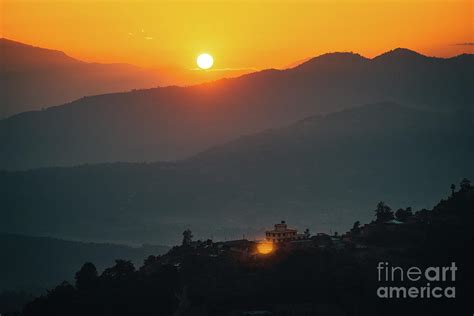 Sunset Above Valley Buddhist Monastery Nepal In The Himalaya Mountains
