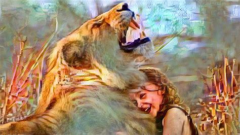 Happy Girl Hugging Happy Lion