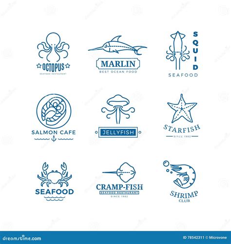 Seafood Labels Thin Line Vector Logos Emblems Stock Vector
