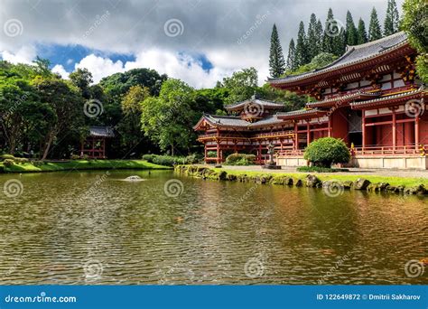 Byodo In Japanese Temple With A Pond In Front Oahu Island Stock Photo