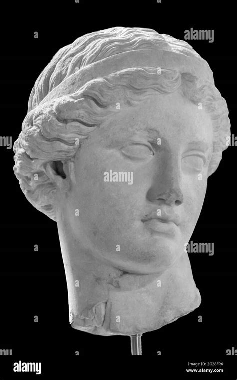 Black And White Photo Of Head Of Ancient Roman Statue Of Young Woman