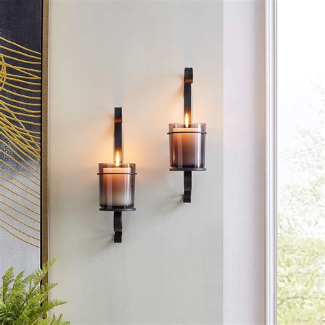 Vintage Black Wall Sconce Candle Holder Set 2 With Smoke Glass Hurricanes Modern