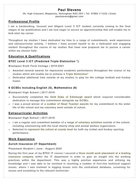 Apprenticeship Cv Example Template With Example Content In Word