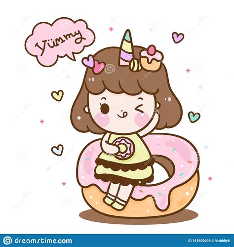 Cute Unicorn Girl Vector Kawaii Animal Cartoon With Sweet Donut Pastel