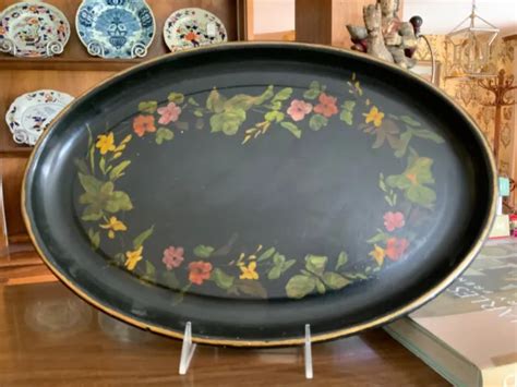 Antique English Hand Painted Flowers Tole Tray Tolework Toleware Oval
