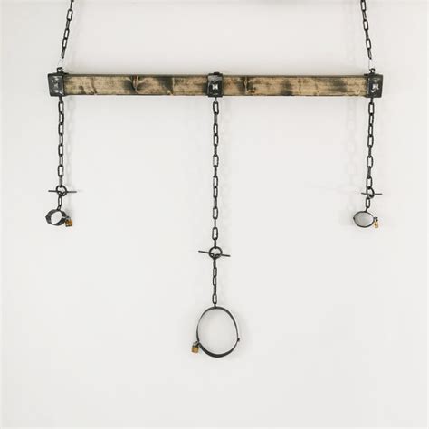 Wooden Bdsm Spreader Bar With Metal Handcuffs And Collar Bondage