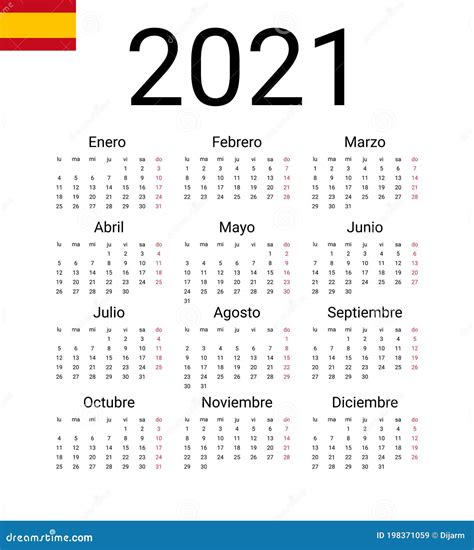 Calendario Español 2021 Plantilla De Diseño De Vector A Partir Del Lunes Todos Los Meses Del