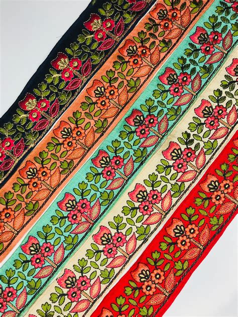 Beautiful Floral Embroidered Silk Fabric Border Ribbons Laces Trims