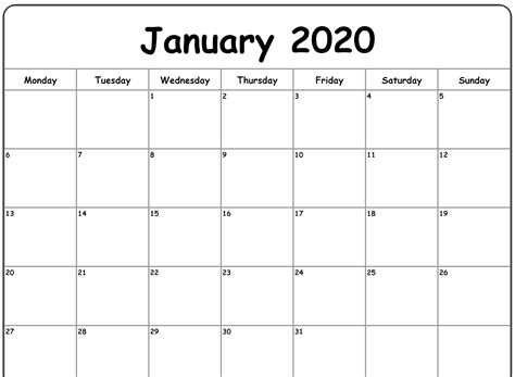 Free Blank January 2020 Calendar Printable Template With Notes