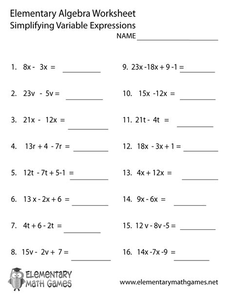 Variable Expressions Worksheets