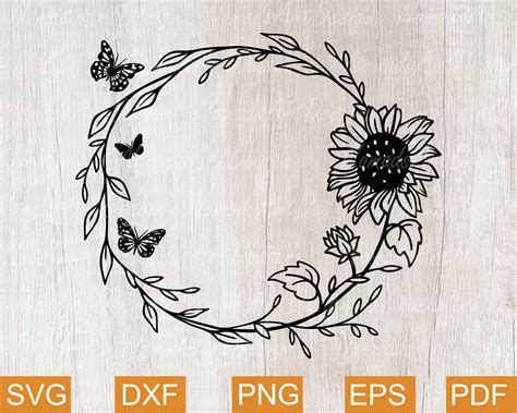 Sunflower And Butterflies In A Circle Frame Svg Dxf Eps Png