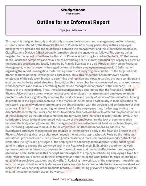 Outline For An Informal Report Free Essay Example