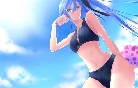 Un Día En La Playa Hembra Niña Cabello Azul Anime Chica Anime
