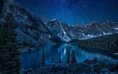 Scarica Sfondi Canada Notte Lago Moraine Cielo Stellato Le Montagne